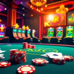 KJC casino environment with luxurious tables, poker chips, and glowing slot machines.