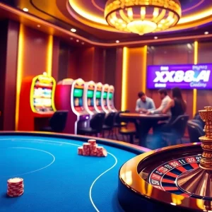 Exciting gaming scene showcasing XX88.AI with poker chips and roulette wheel in action.