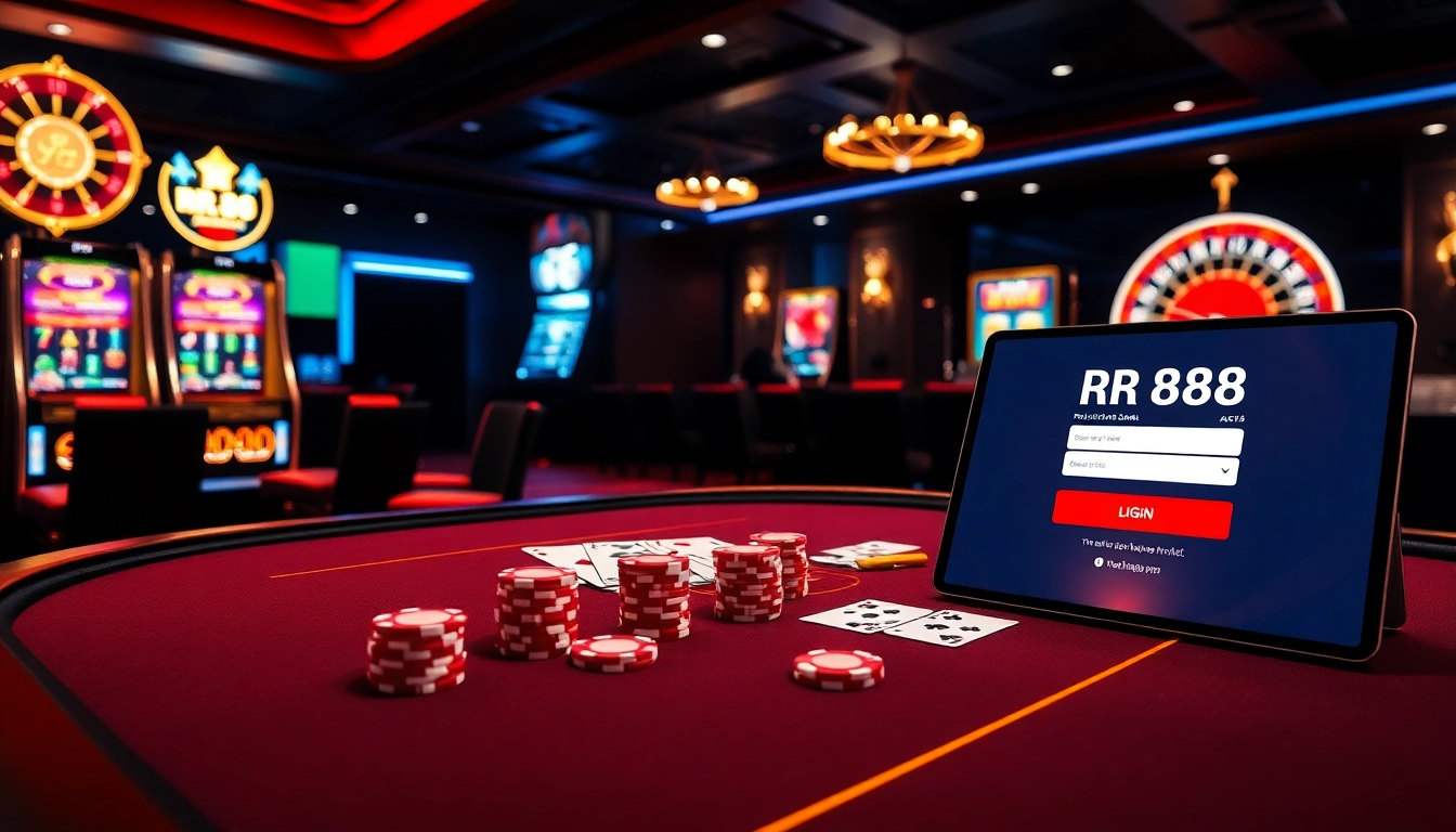 Engaging RR88 online casino scene with poker chips and a spinning roulette wheel.