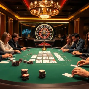 Players engrossed in a thrilling poker game at Hi8823, with vibrant chips and a roulette wheel.