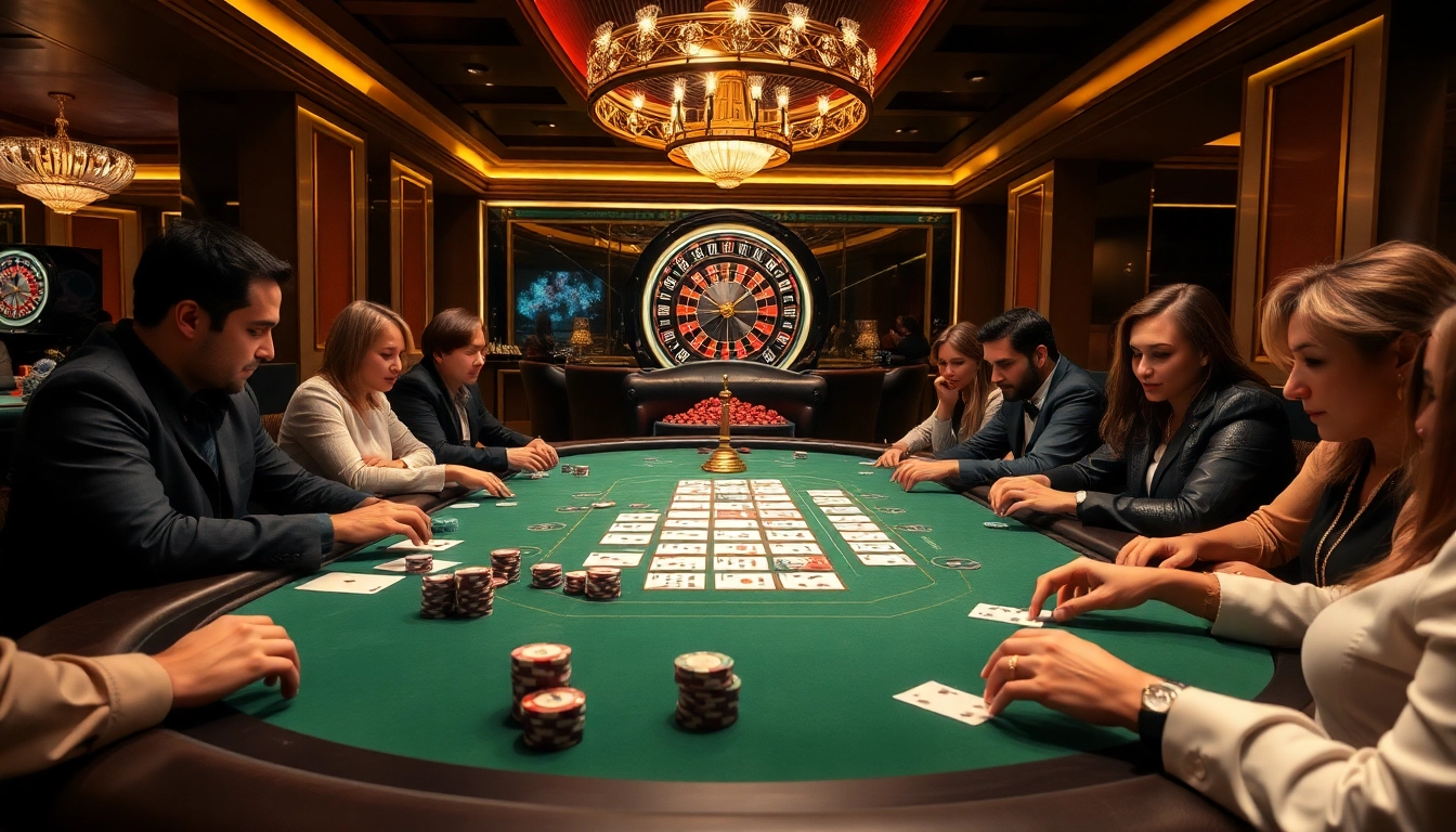 Players engrossed in a thrilling poker game at Hi8823, with vibrant chips and a roulette wheel.