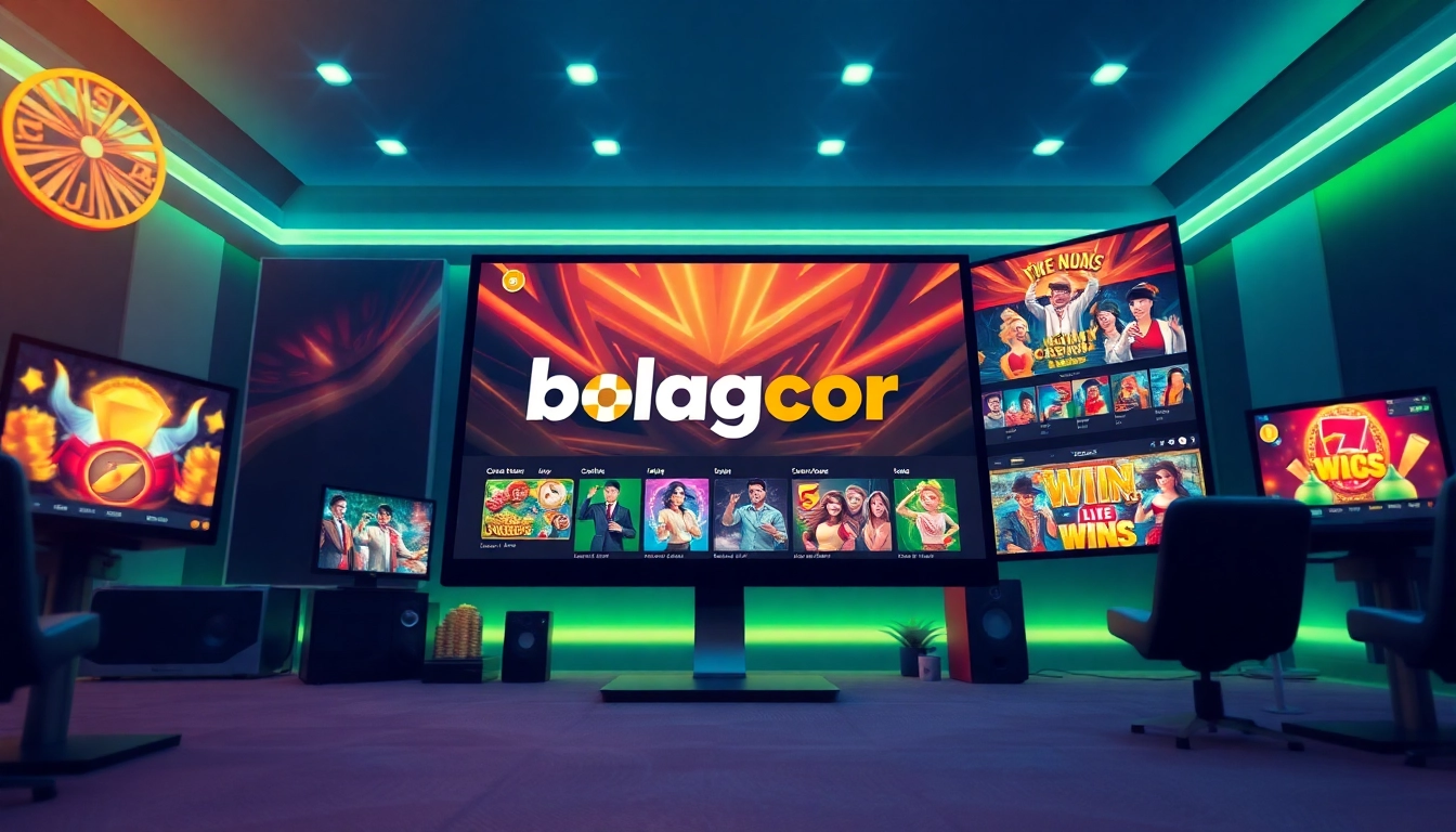 Dynamic bolagacor gaming interface with players celebrating and vibrant colors.