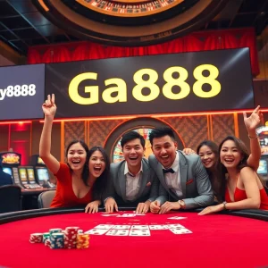 GA888 enticing players with vibrant casino visuals, showcasing poker chips, cards, and a roulette wheel.
