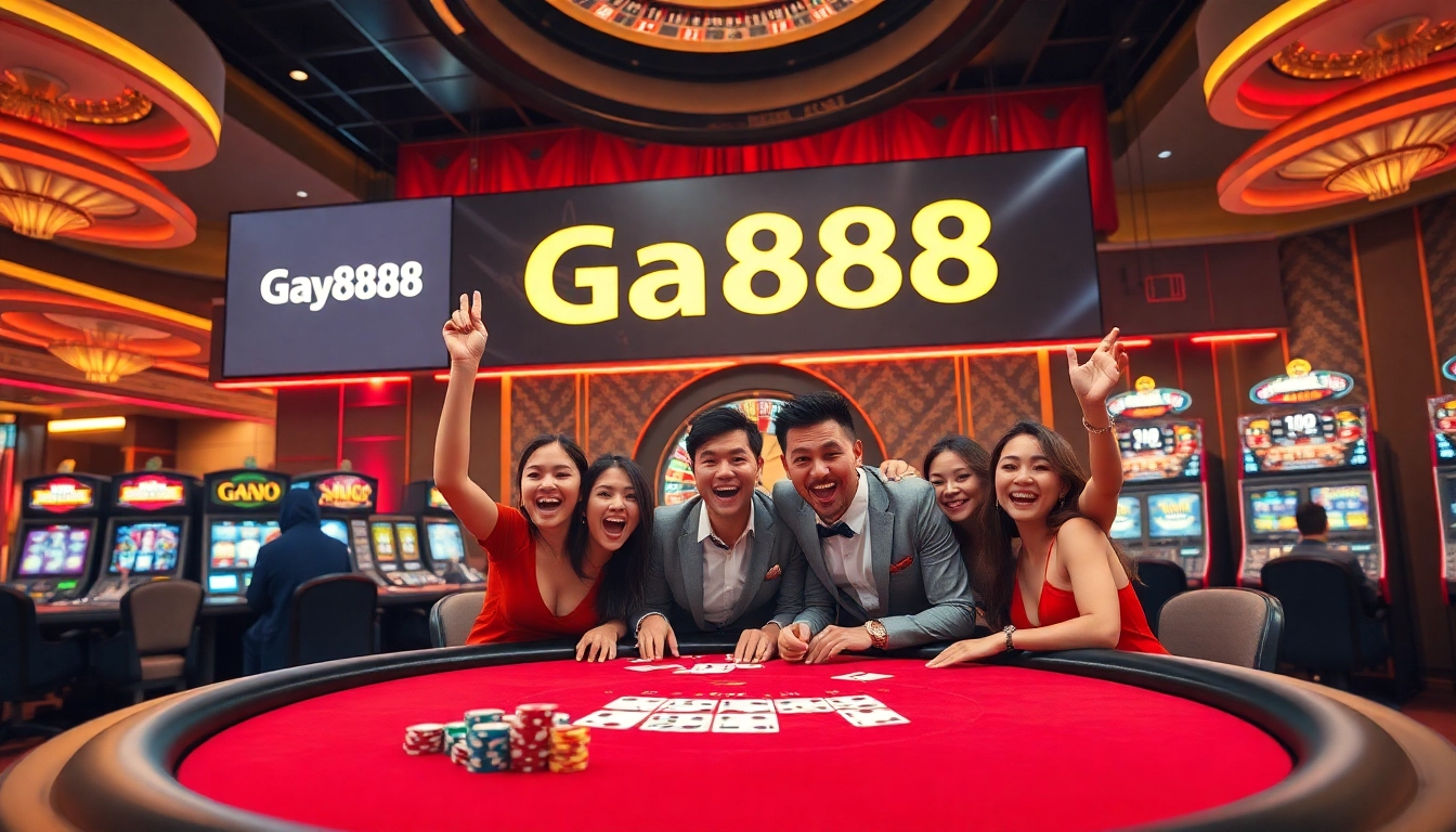 GA888 enticing players with vibrant casino visuals, showcasing poker chips, cards, and a roulette wheel.