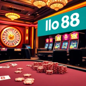 Hello88 gambling experience featuring a luxurious poker table and vibrant casino elements.
