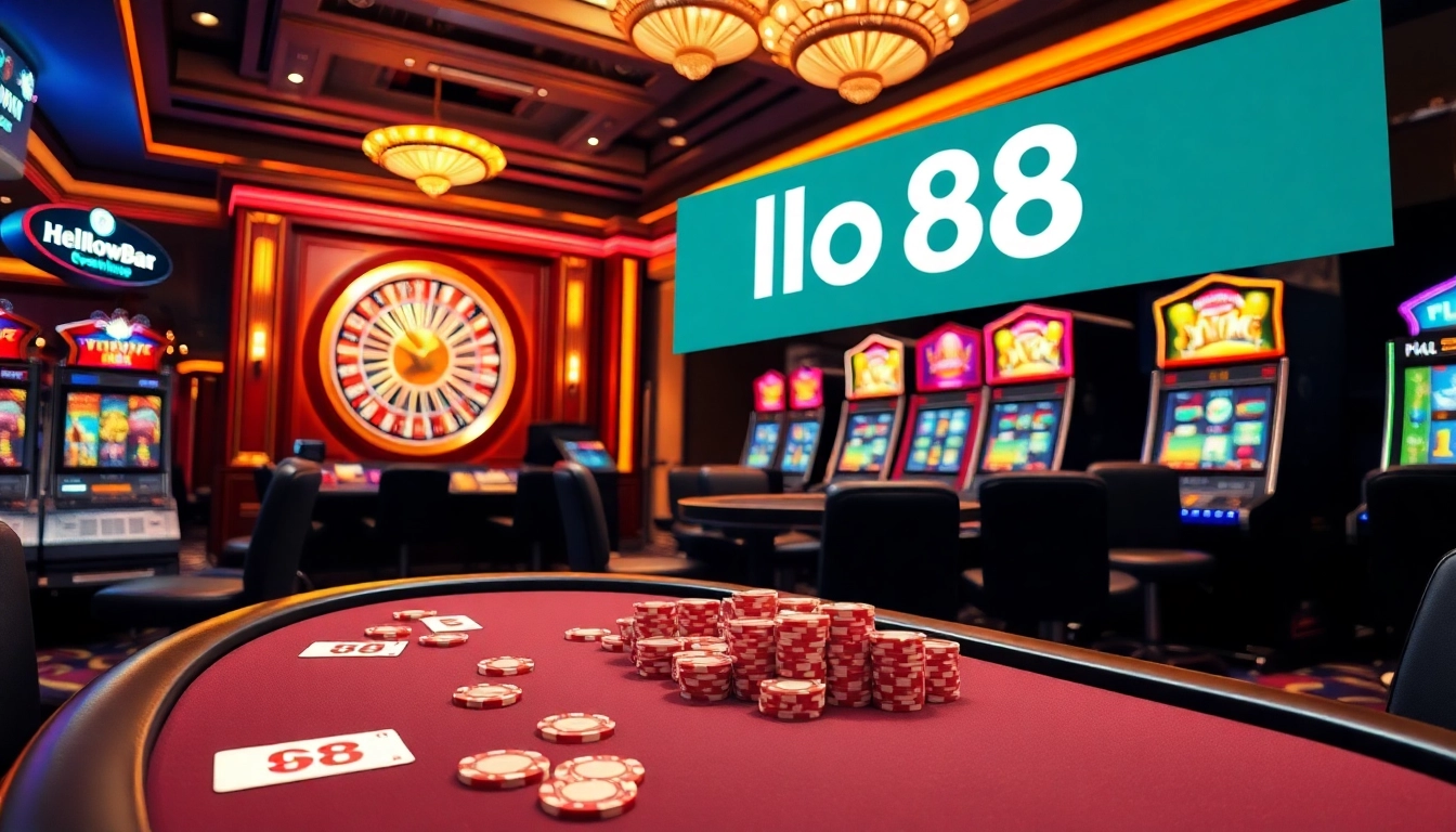 Hello88 gambling experience featuring a luxurious poker table and vibrant casino elements.