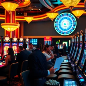 Engaging scene of a 슬롯사이트 with players at vibrant slot machines and a roulette wheel.