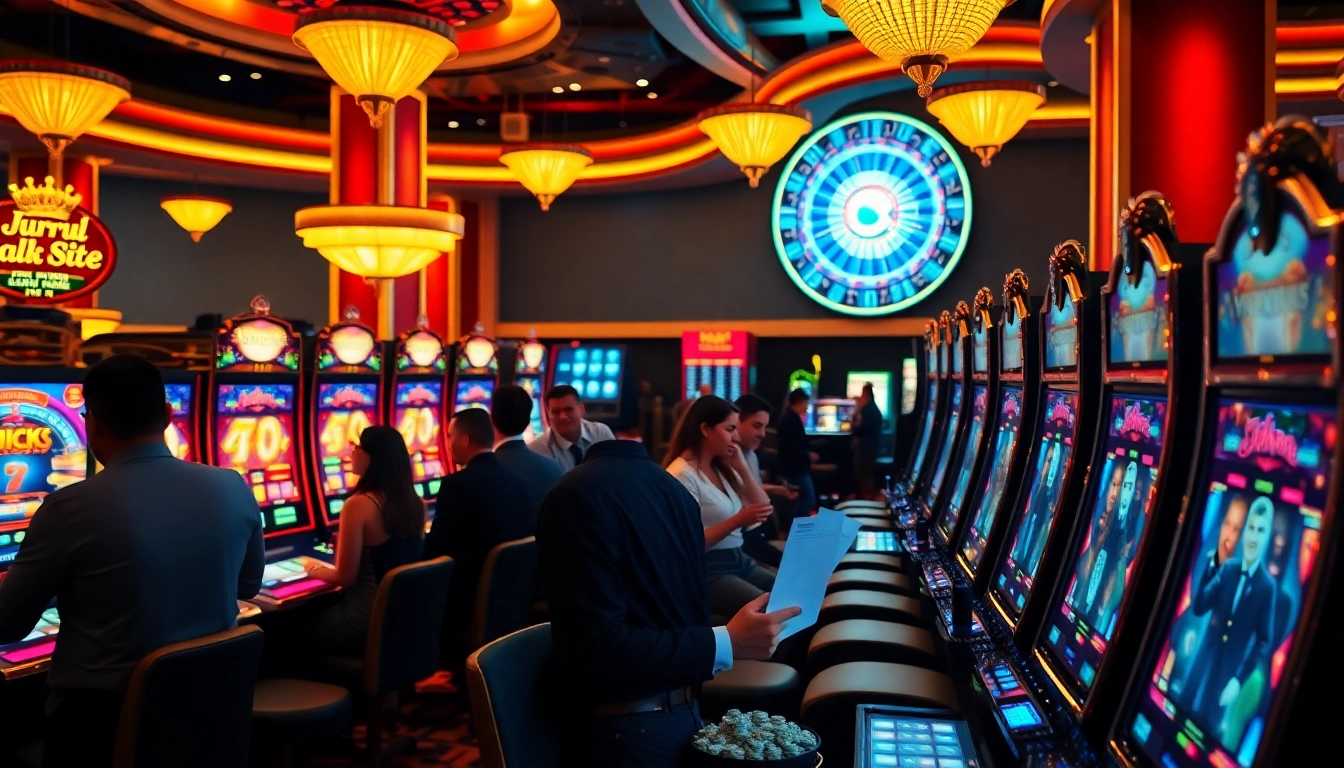 Engaging scene of a 슬롯사이트 with players at vibrant slot machines and a roulette wheel.