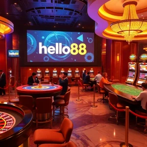 Players enjoying the thrill of gambling at Hello88's luxurious casino tables with roulette and poker.