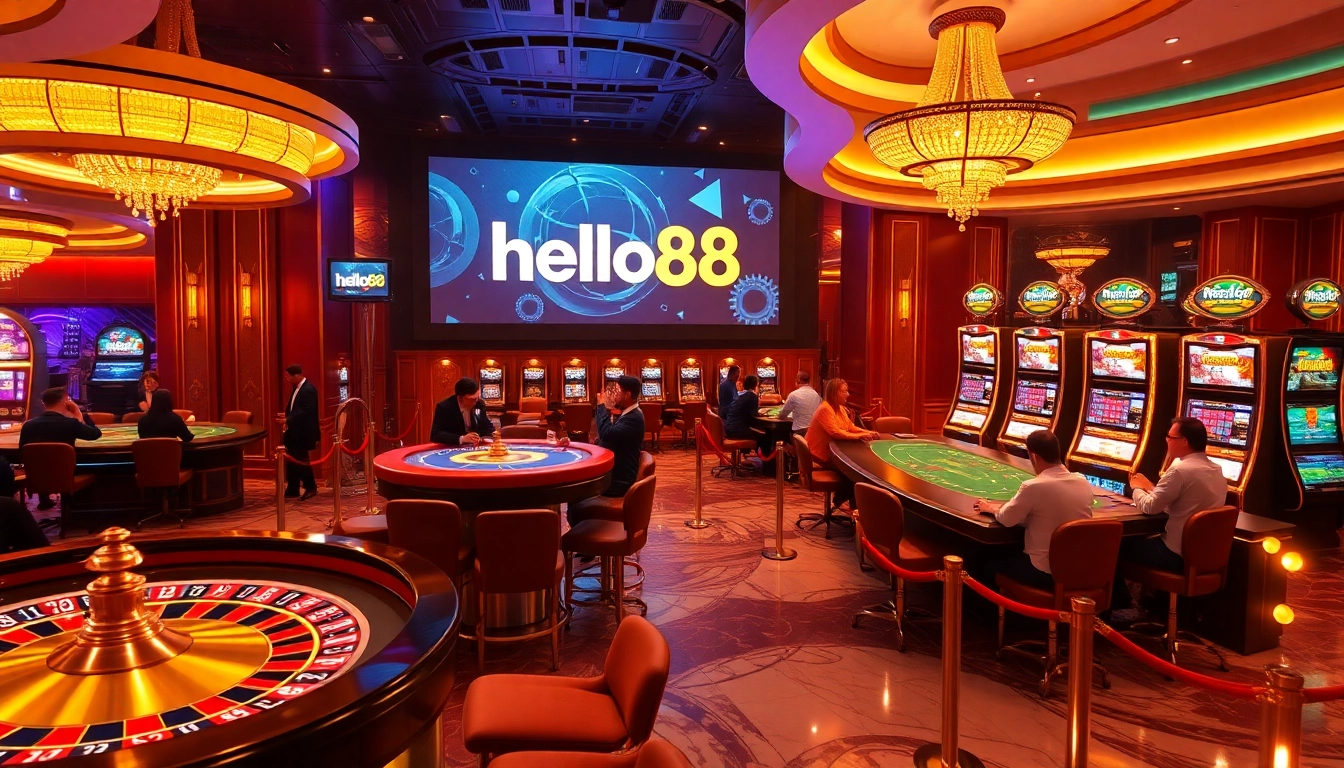 Players enjoying the thrill of gambling at Hello88's luxurious casino tables with roulette and poker.