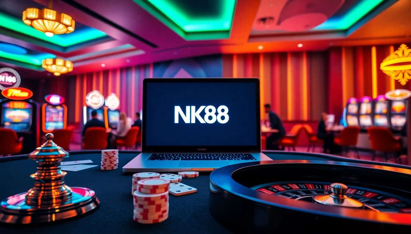 Experience the excitement of NK88 casino with vibrant gaming elements, poker chips, and roulette.