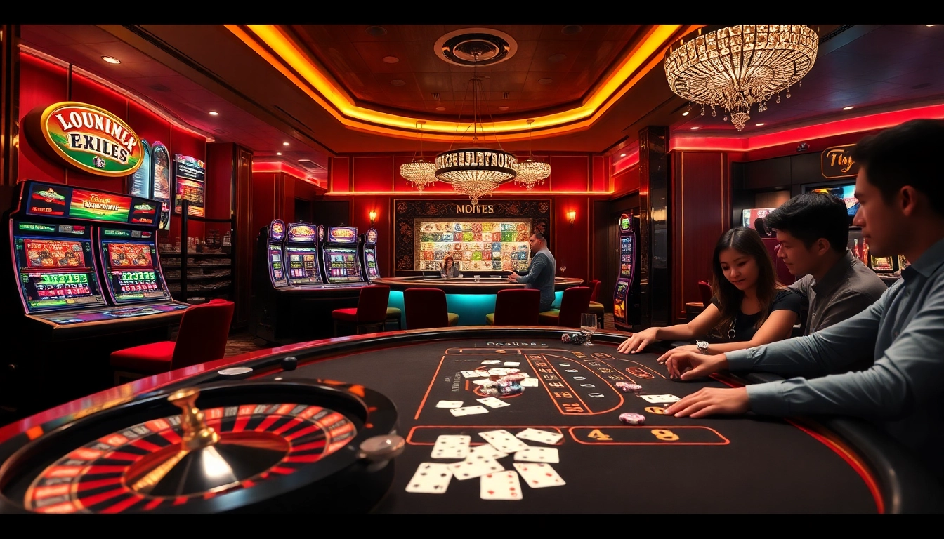 Experience thrilling gameplay at https://vj88.com/ with a vibrant casino scene filled with roulette tables and excited players.