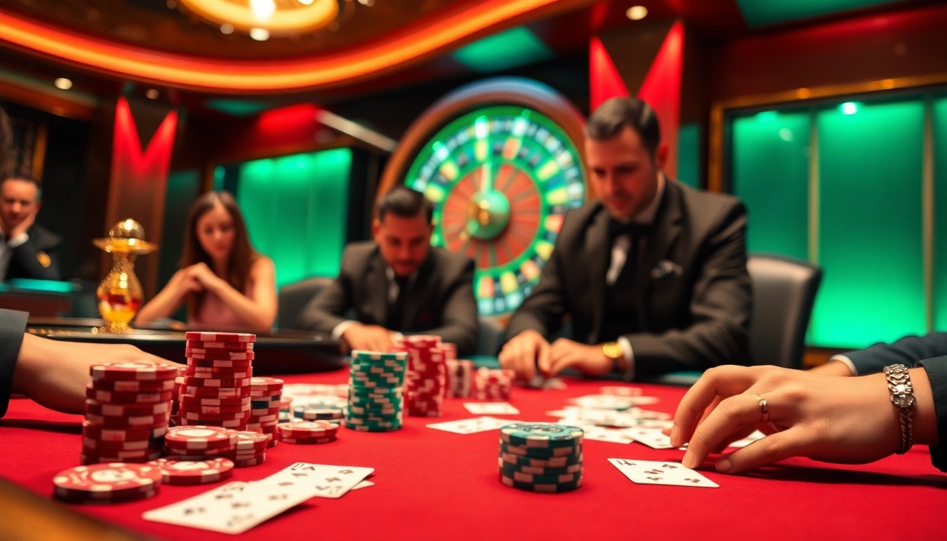 Poker game at https://f168.faith/ showcasing colorful chips and intense strategies in a luxurious casino setting.