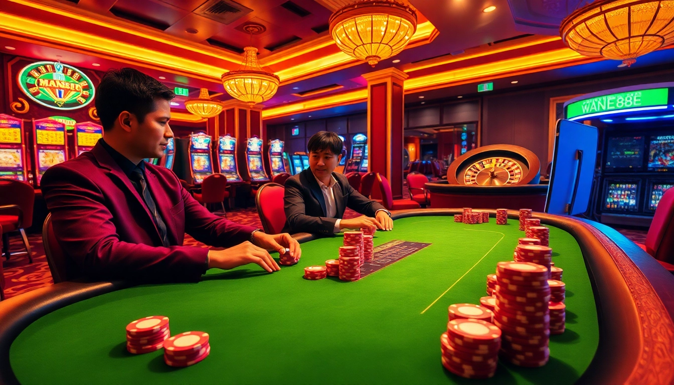 Experience the thrill of casino gaming at Man88 with vibrant poker tables and slot machines.