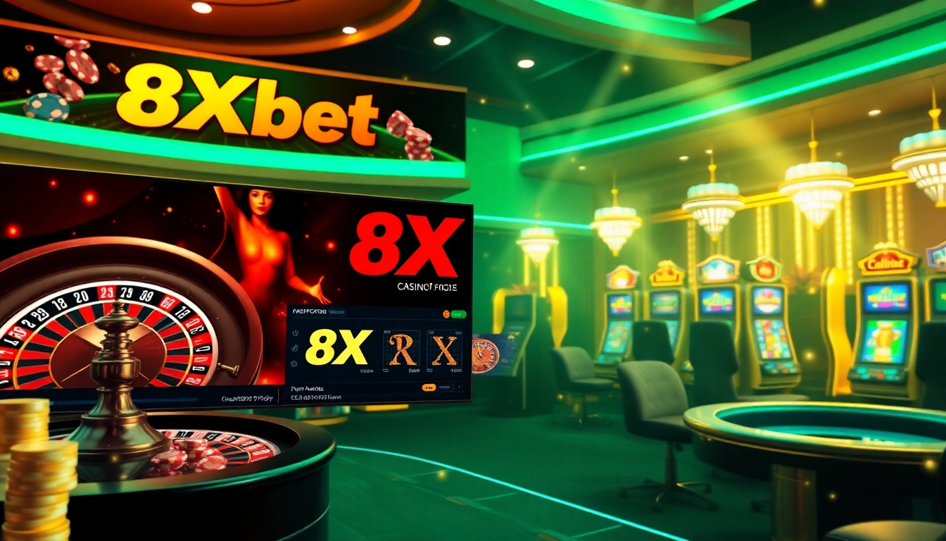 Experience high-stakes excitement with 8Xbet, showcasing exhilarating gambling visuals of roulette wheels and slot machines.
