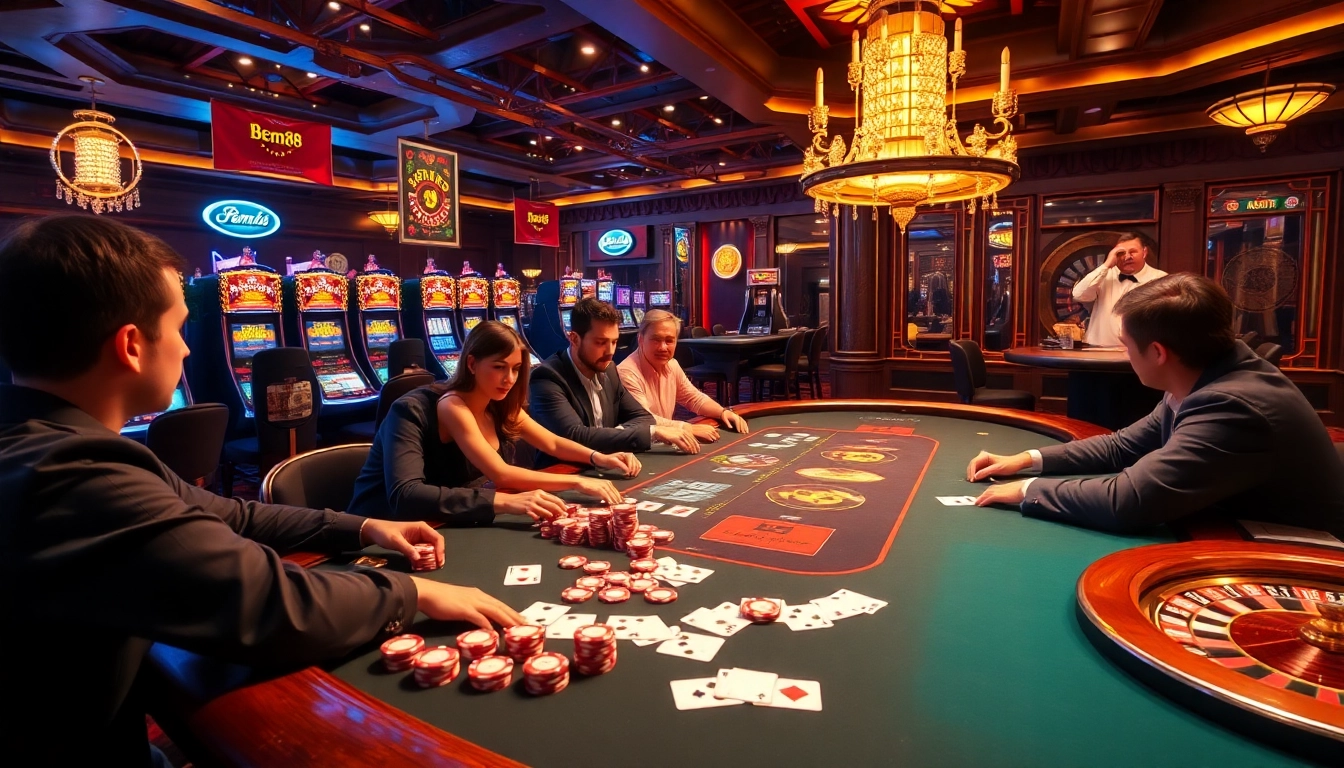 Feel the excitement at bem88 with a vibrant casino scene featuring players in an engaging poker game.