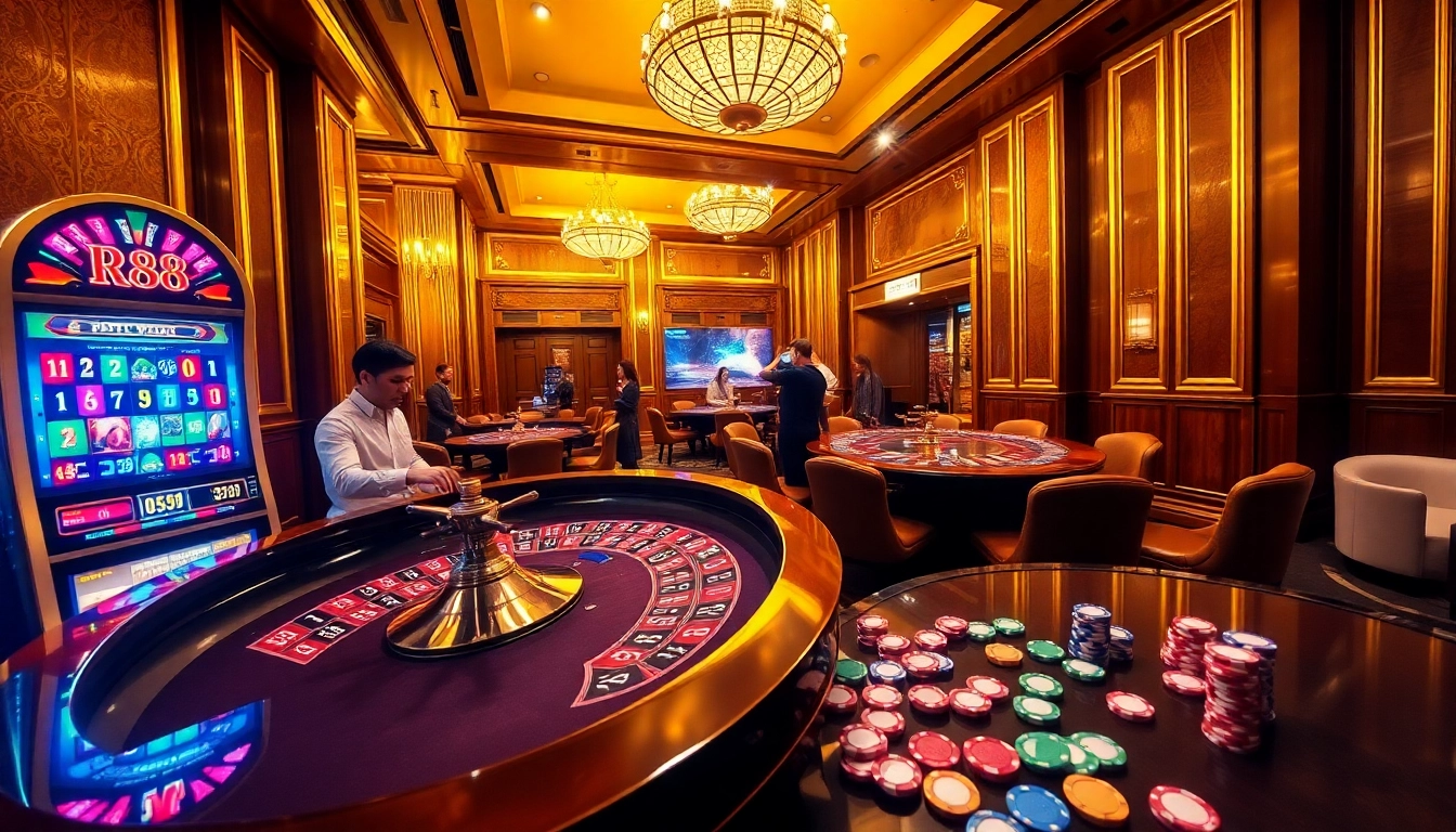 Intense gaming action at RR88 casino with roulette and slot machines alive with excitement.