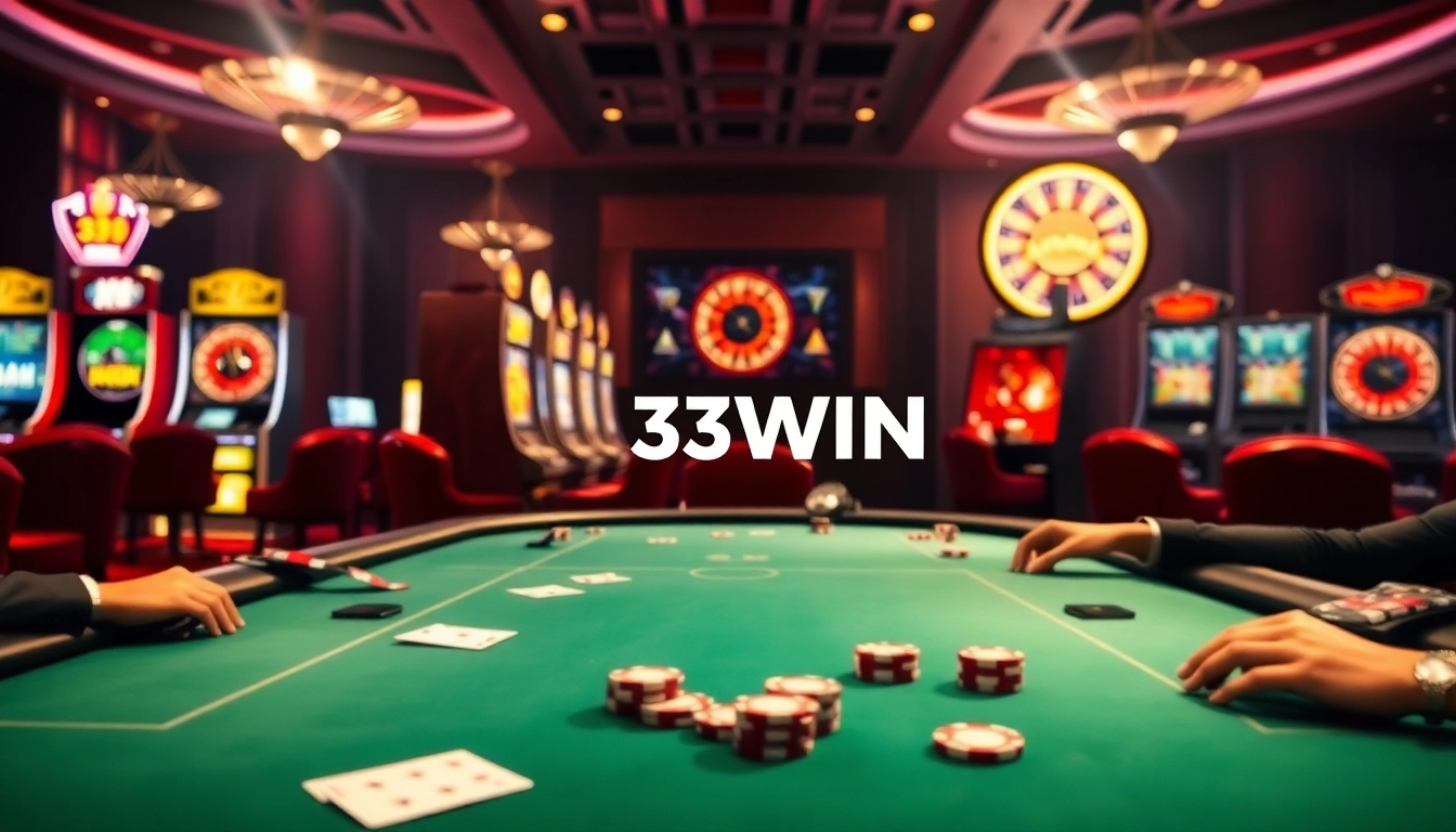 High-stakes gaming at 33WIN casino with poker chips and roulette, excitement in the air.