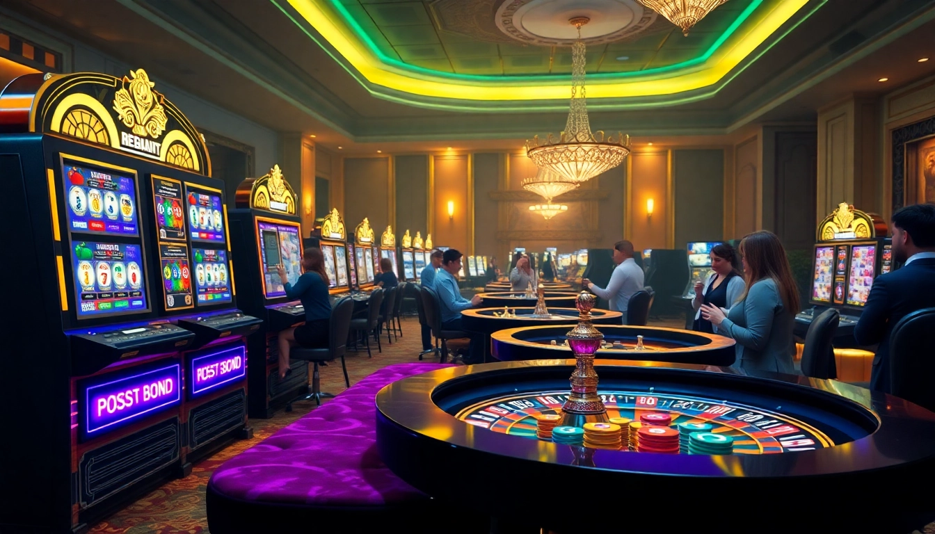 Experience luxury12 in an elegant casino ambiance featuring slot machines and poker chips.