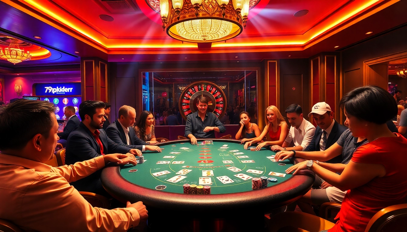 Players enjoying a high-stakes poker game at 79king casino, surrounded by vibrant poker chips and cards.