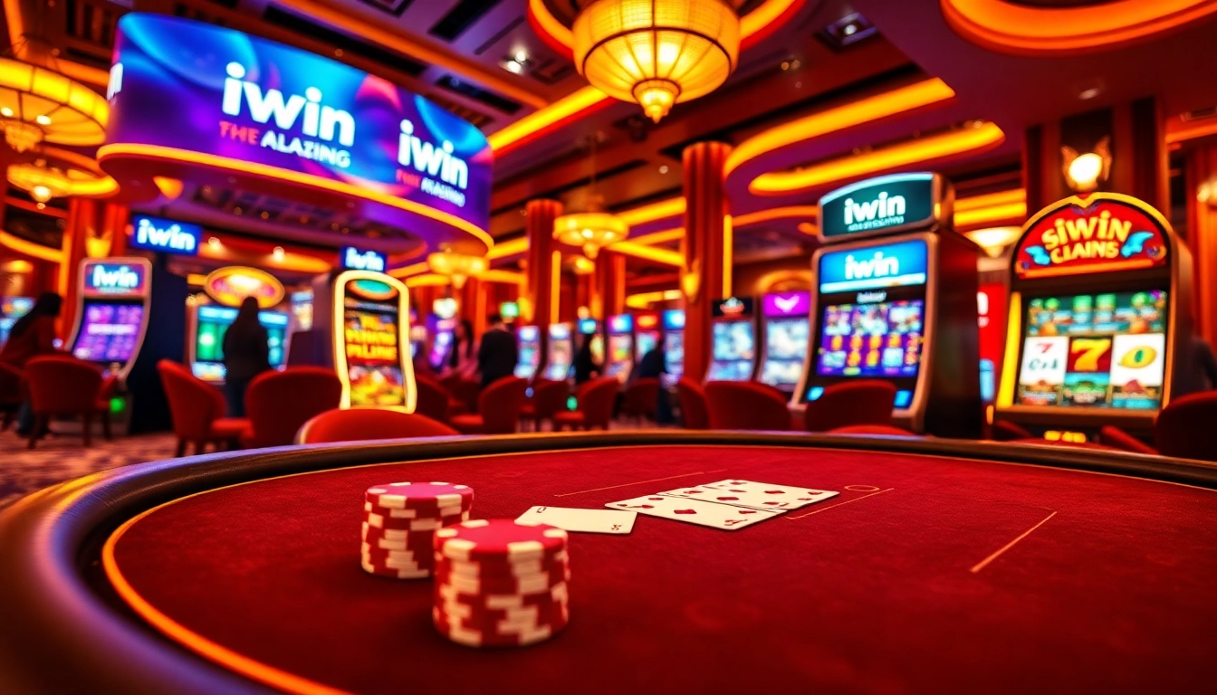 Engage with iWin’s online casino experience featuring a vibrant poker table and exciting slot machines.
