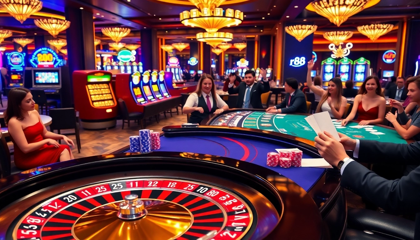 Exciting rr 88 casino scene with roulette table, colorful chips, and engaged players.