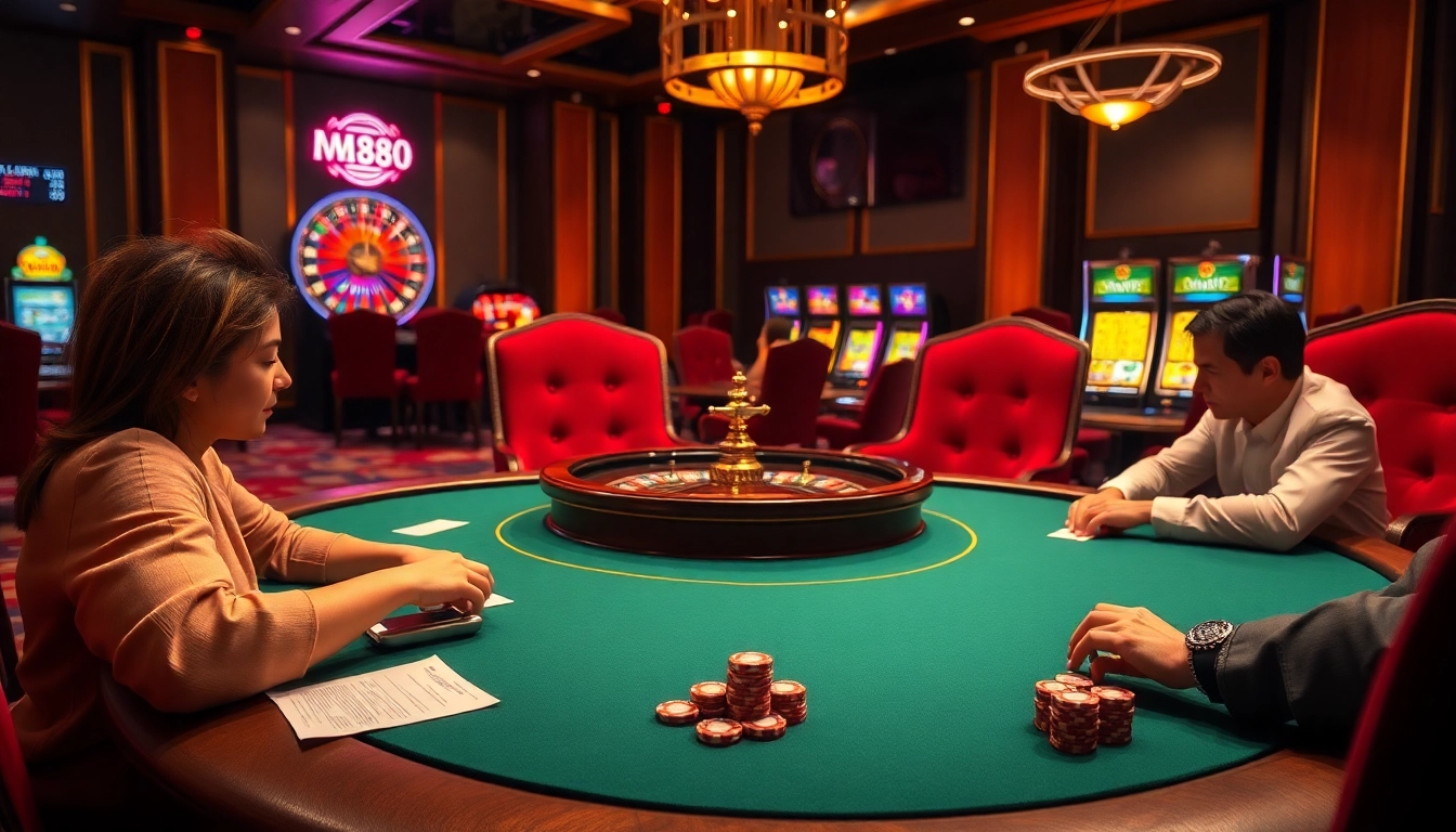 Experience thrilling gameplay at MM88 with a luxurious setting featuring poker tables and roulette.