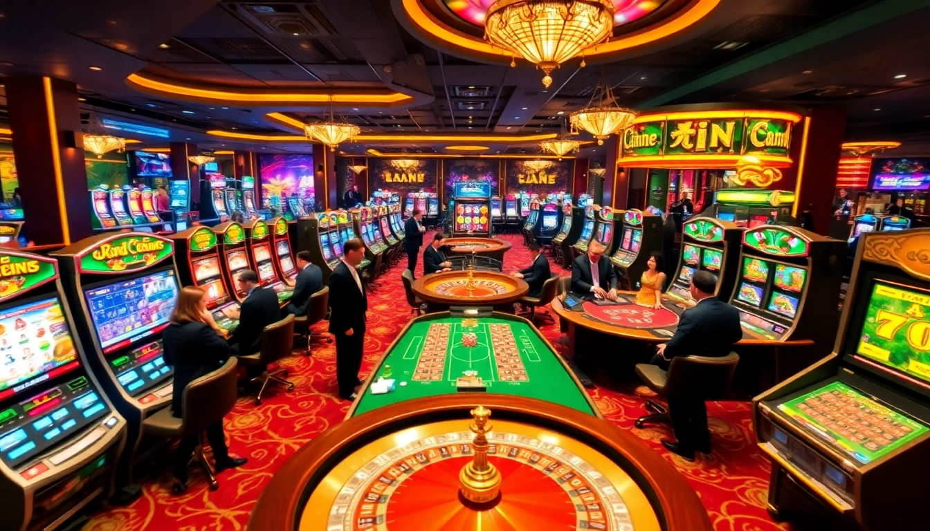 Experience the thrill of luxury gaming at OKKING.COM with vibrant casino tables, chips, and exciting slot machines.