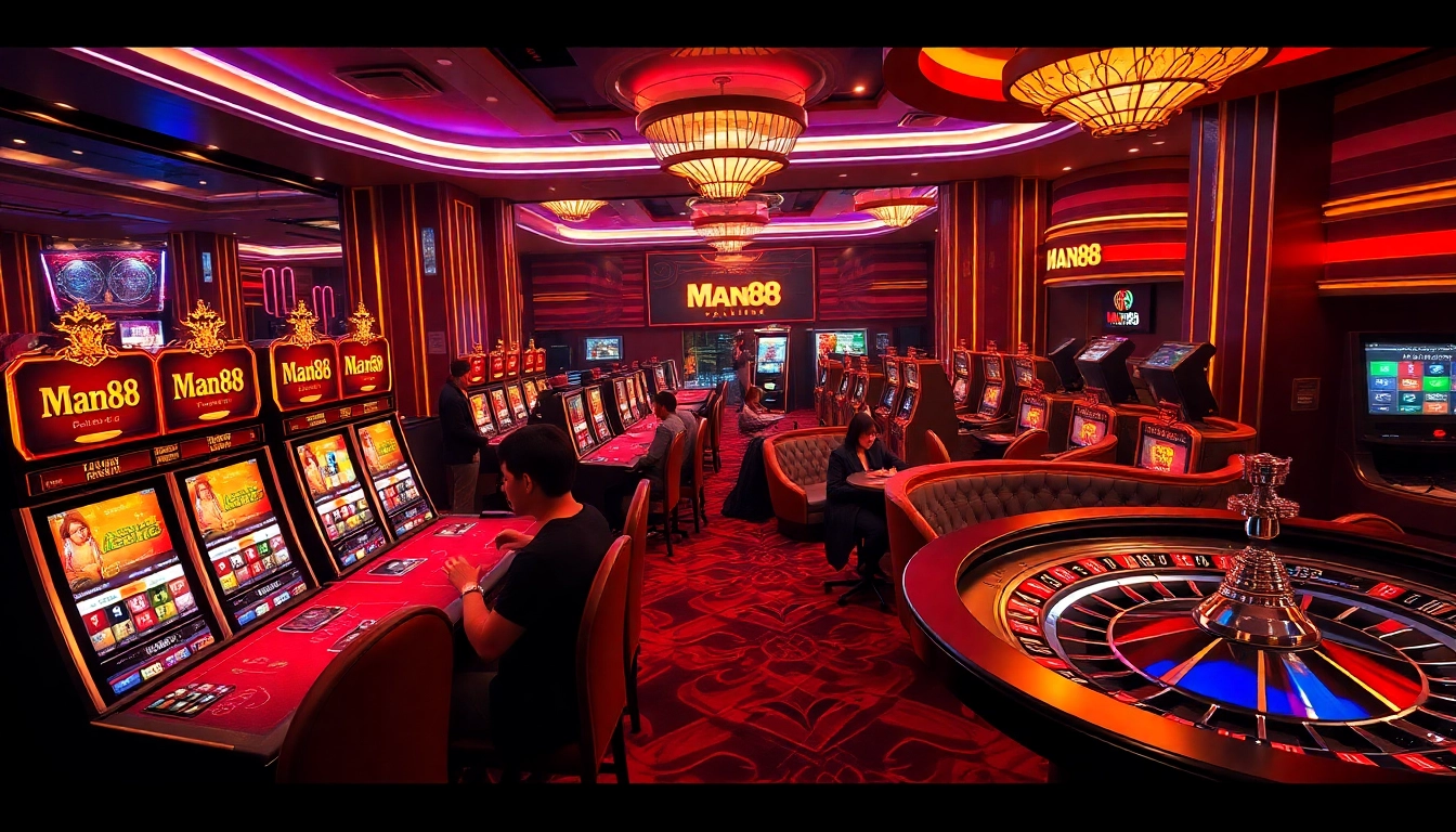 Experience thrilling gameplay at a Man88 casino table with vibrant action and luxurious ambiance.