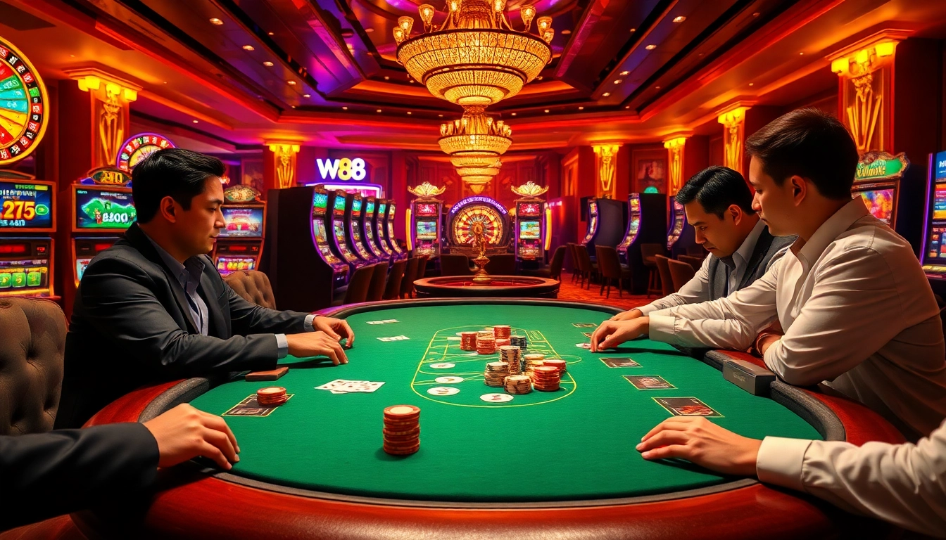 W88 poker chips and cards on a luxurious casino table, enhancing the gaming experience.