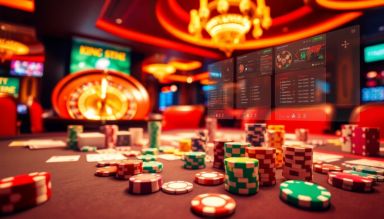 Experience high-stakes gaming action at https://king33.io/ with vibrant casino tables and a spinning roulette wheel.