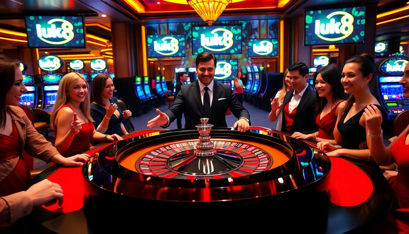 Experience an exciting game at a luxury casino featuring the luck8 roulette table and eager players.