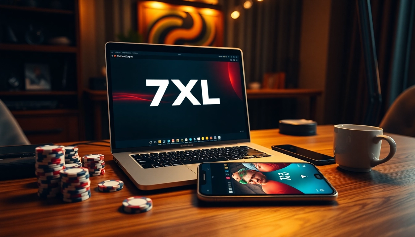 ממשק הורדת 7XL על מחשב נייד מודרני המדגים מערכת פוקר עם צ'יפים וסמארטפון.