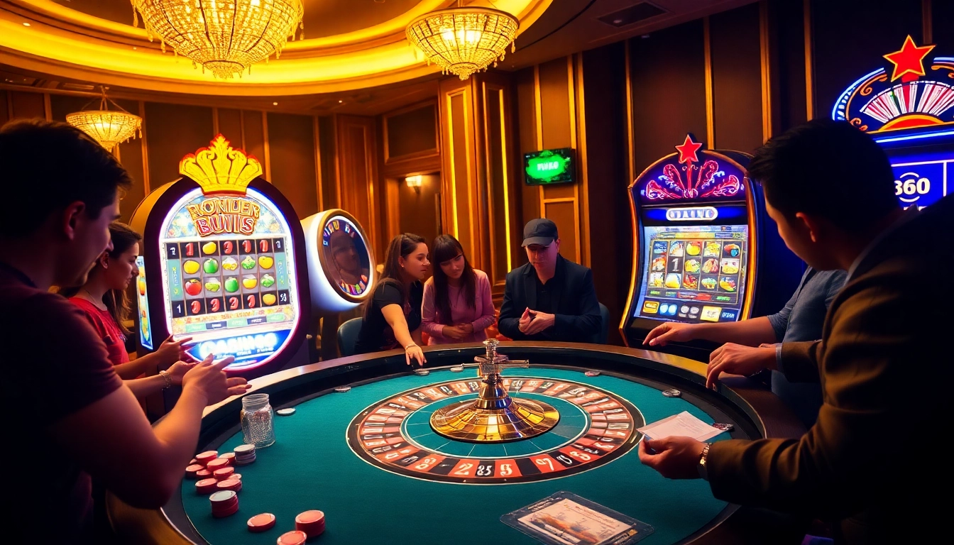 Players enjoying roulette and slots in a vibrant casino setting, highlighting situs apiraja88's excitement.