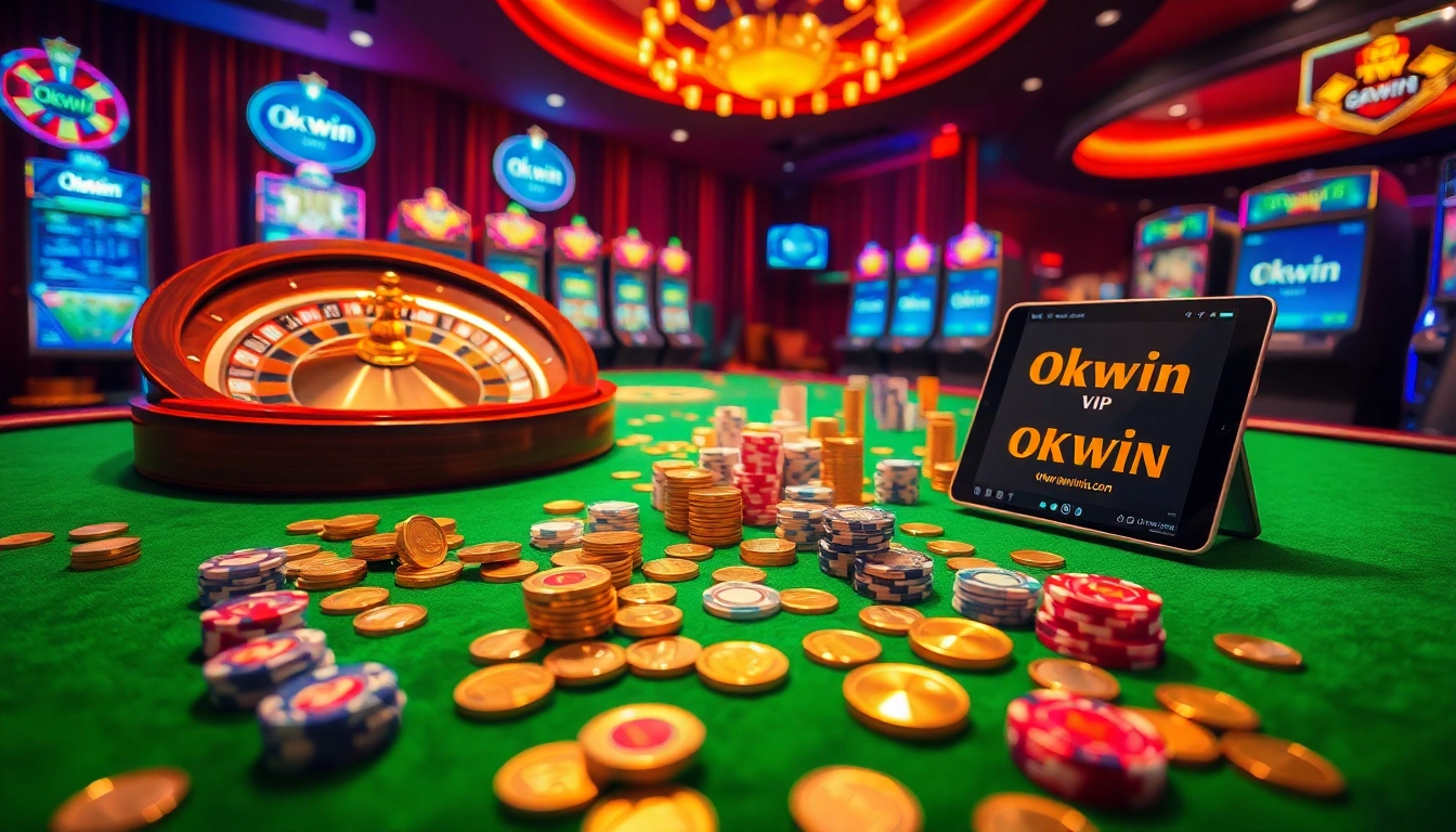 Join the excitement at okwin vip with vibrant casino visuals featuring roulette, poker, and slot action.