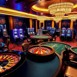 A vibrant casino scene featuring an S8-themed poker table, excited players, and glowing slot machines.