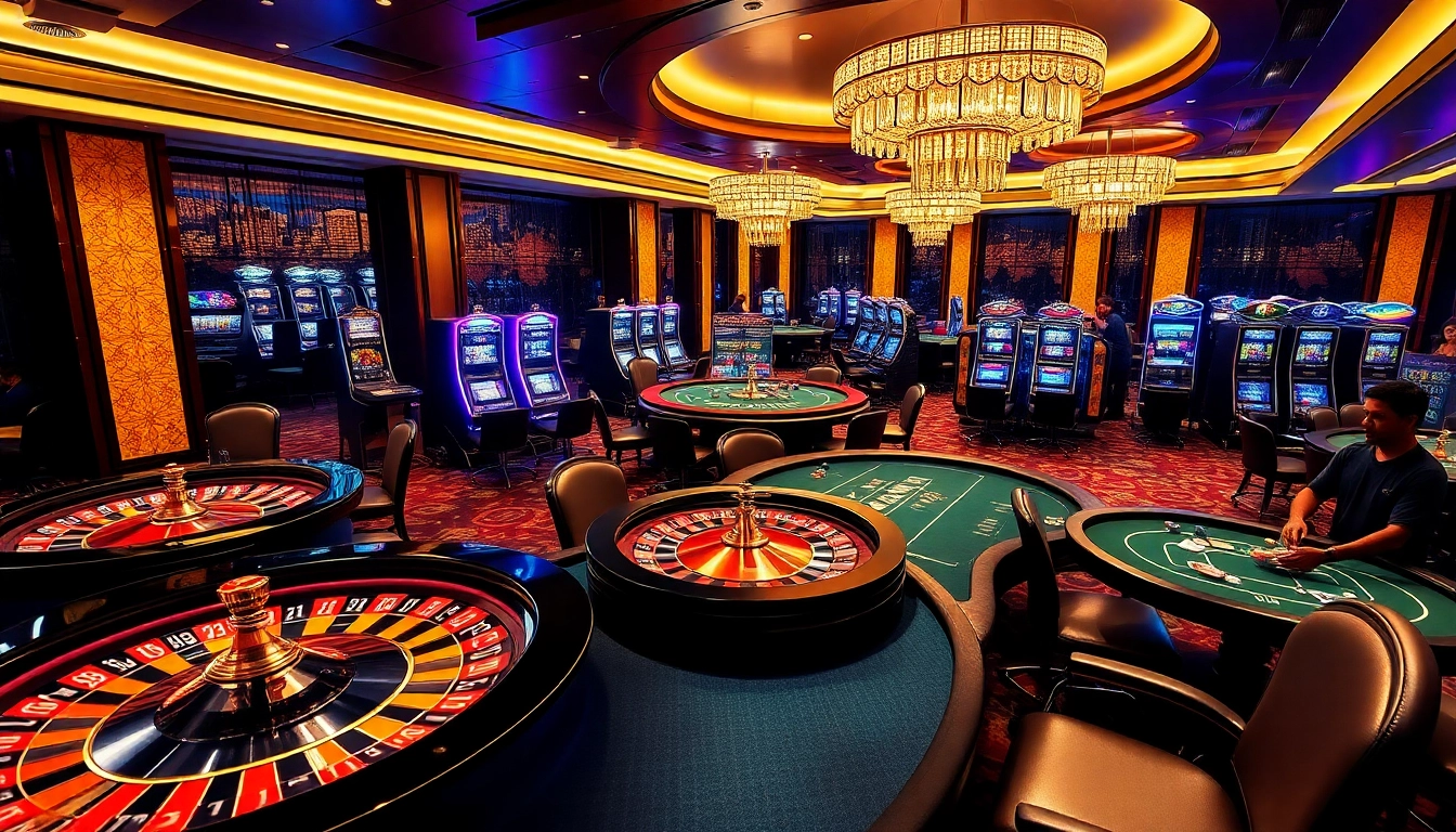 A vibrant casino scene featuring an S8-themed poker table, excited players, and glowing slot machines.
