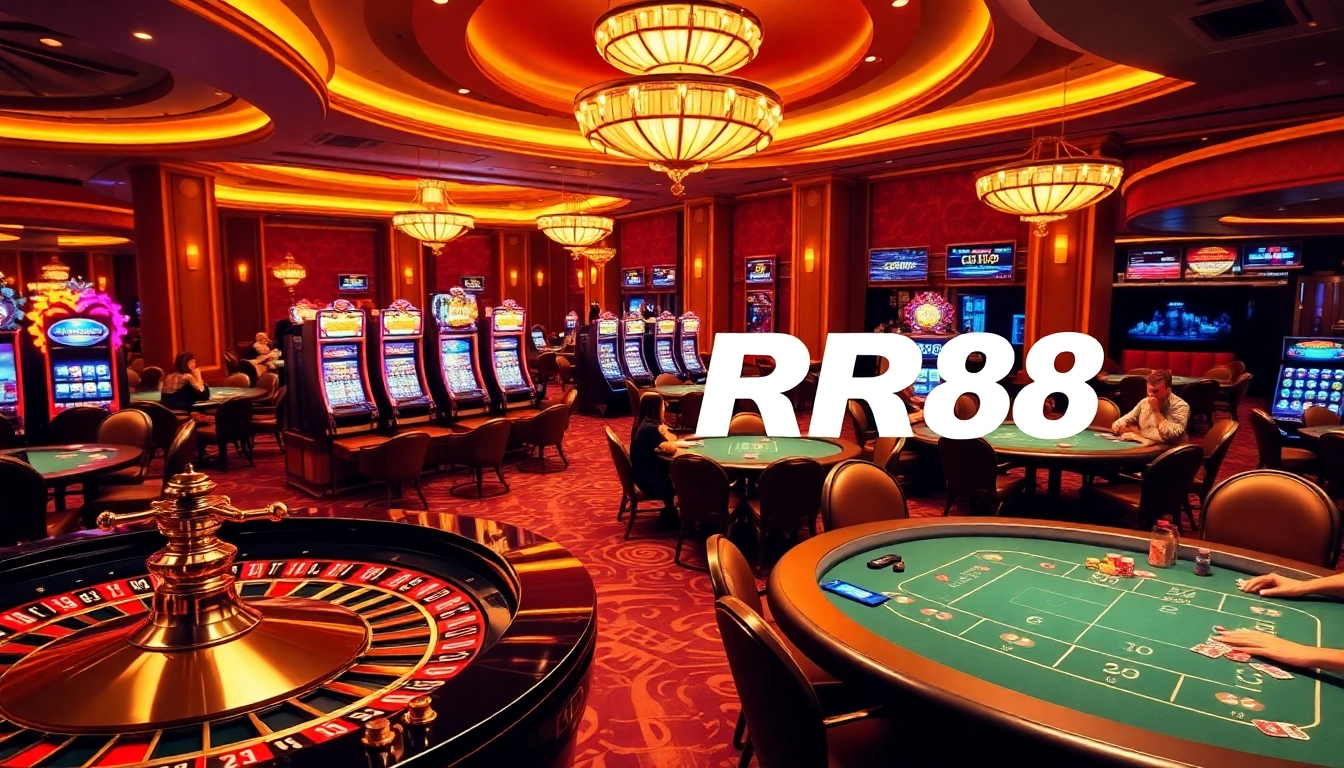 Players enjoying excitement at RR88 casino tables with chips and cards in hand.