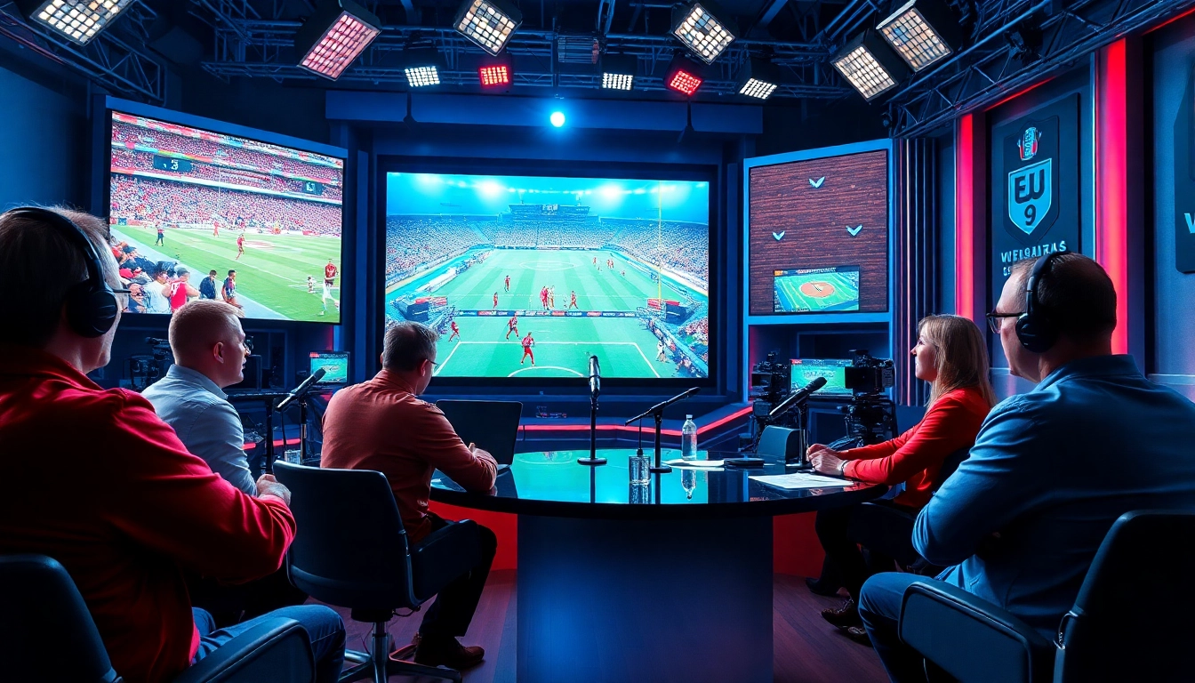 Sports Broadcasting studio with commentators discussing events in an upbeat setting.