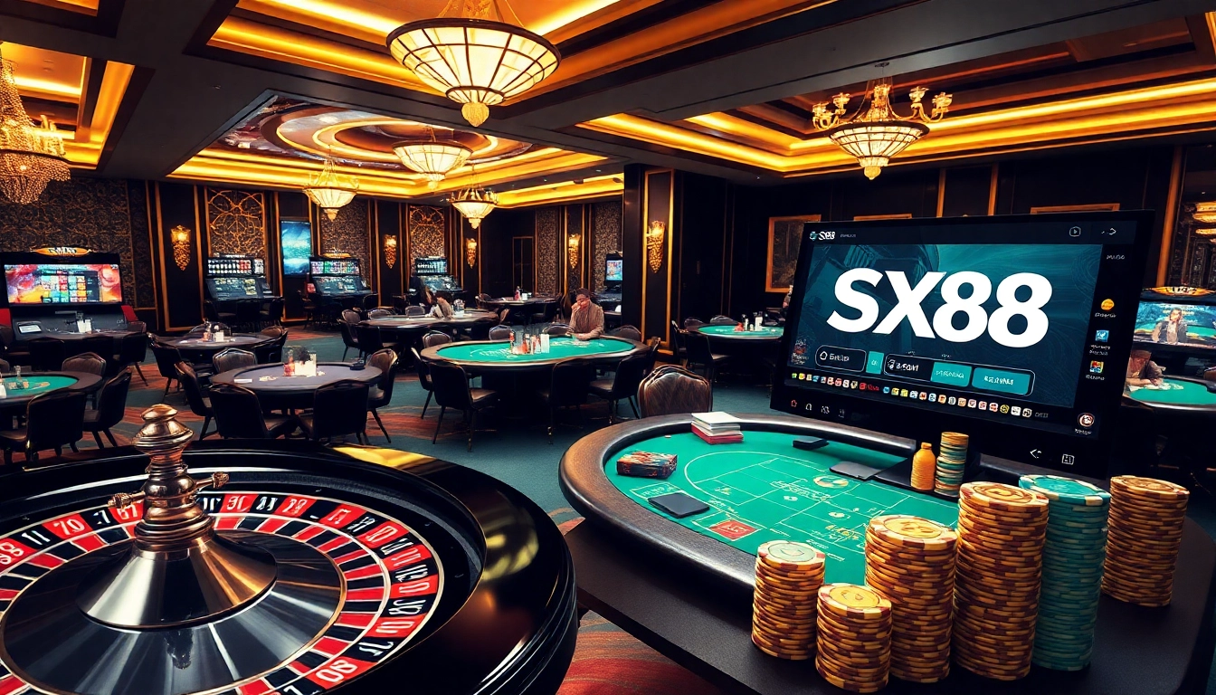 SX88 Đăng nhập interface displayed on a sleek device in a vibrant casino atmosphere with poker chips and a roulette wheel.