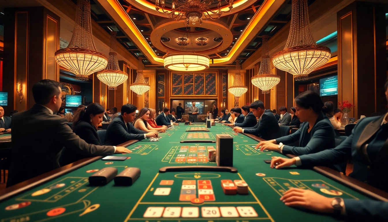 에볼루션 카지노에서 역동적으로 플레이하는 사람들과 화려한 게임 테이블을 보여줍니다.