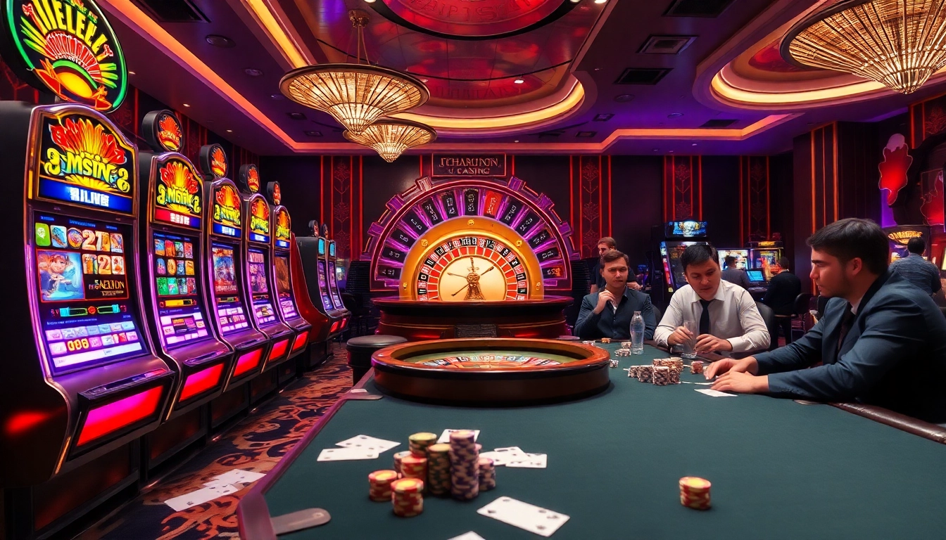 Experience the thrill of gambling at situs apiraja88 with vibrant slot machines and a gleaming roulette wheel.