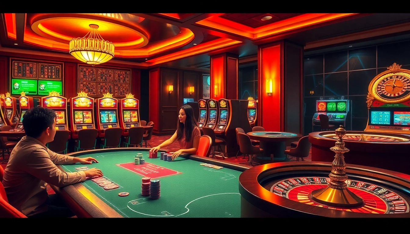 Experience the thrill of uu88 1 at an elegant casino with tables, chips, and vibrant slot machines.