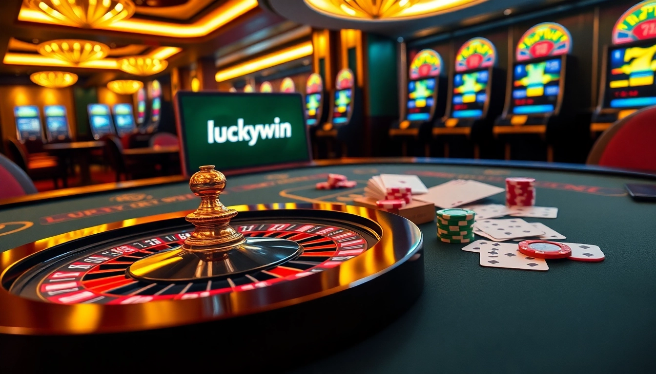 Experience the excitement at luckywin with vibrant casino games, roulette wheels, and poker chips.