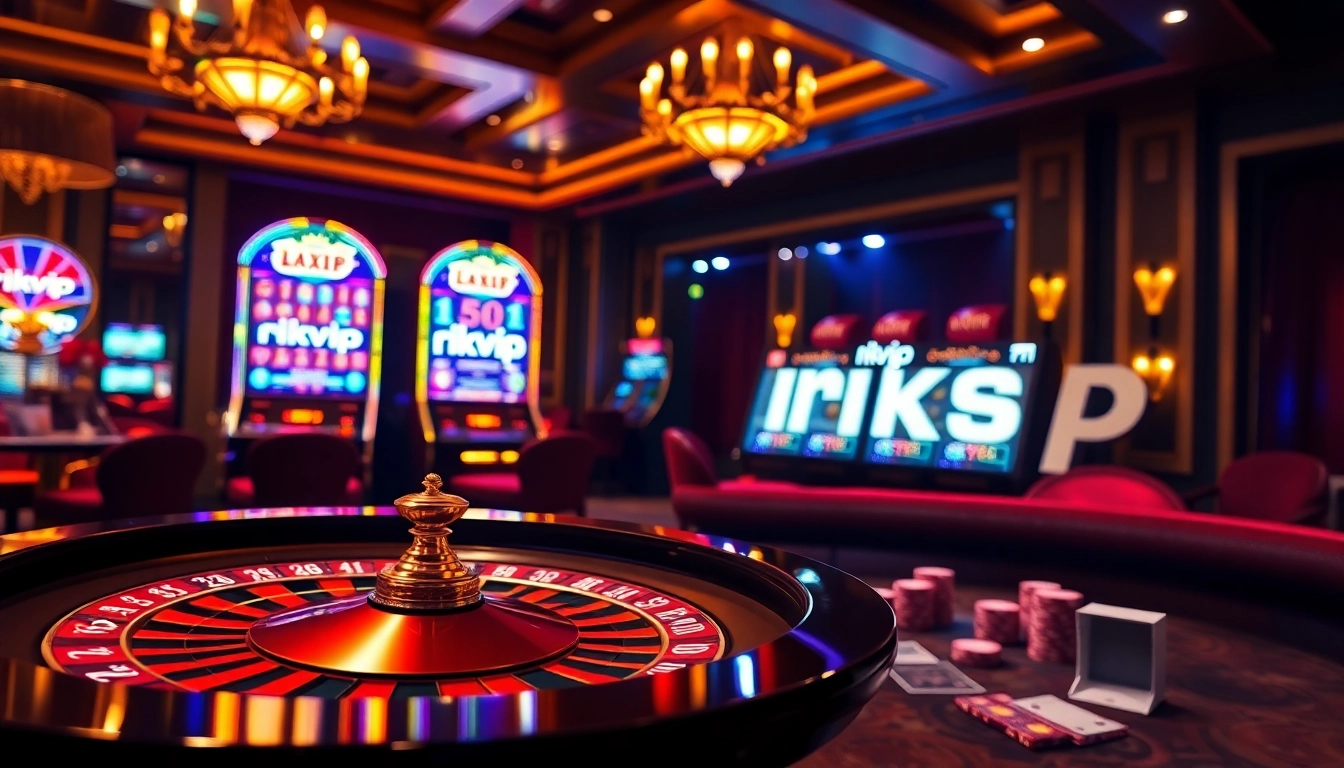 Experience luxury gaming at rikvip with a glamorous casino layout featuring roulette and poker elements.