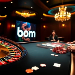 Experience thrilling gaming action at bomwin with poker chips, a roulette wheel, and vibrant casino elements.