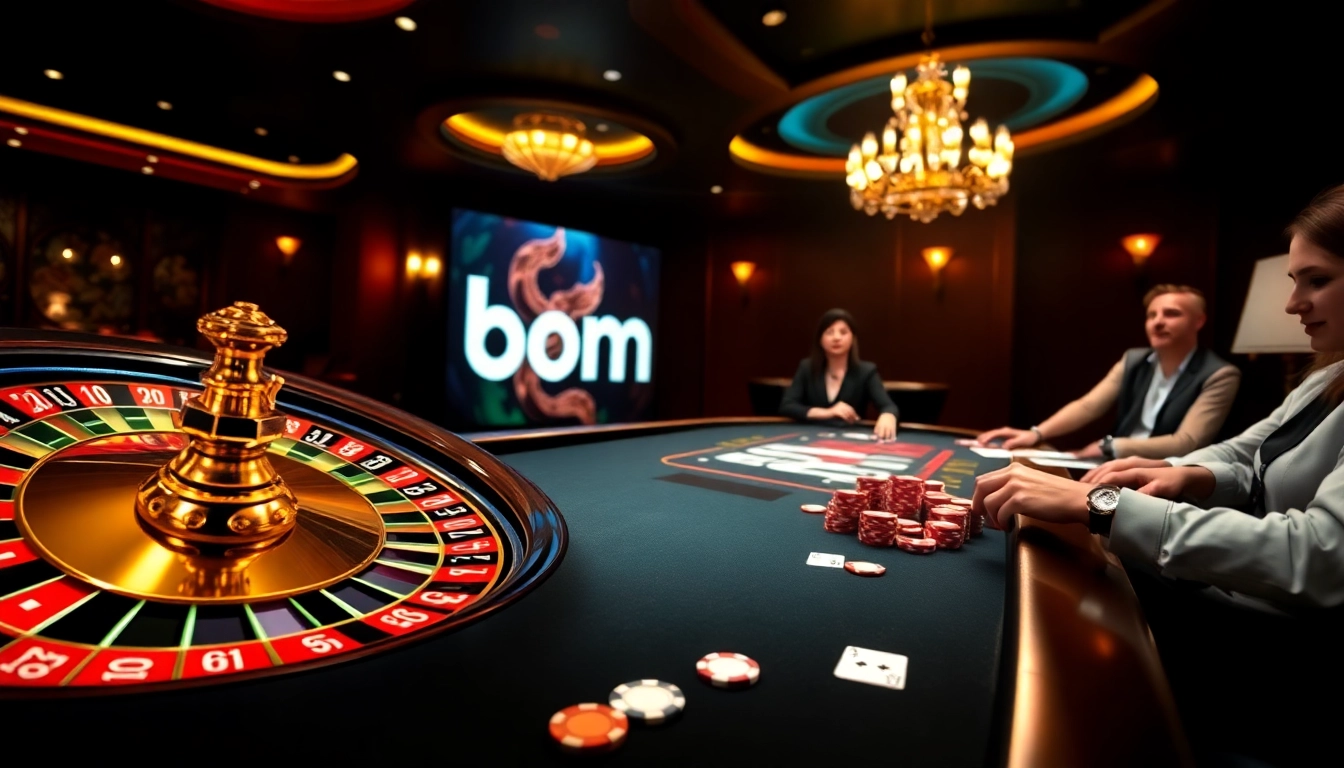Experience thrilling gaming action at bomwin with poker chips, a roulette wheel, and vibrant casino elements.