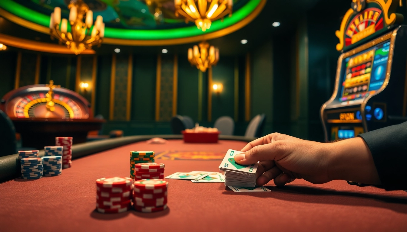 Experience high-stakes poker action at https://vj88.online/ with vibrant chips and a spinning roulette wheel.