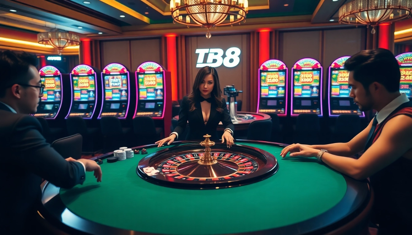 Engage in thrilling games at TR88 COM, featuring a vibrant roulette table and exciting slot machines.