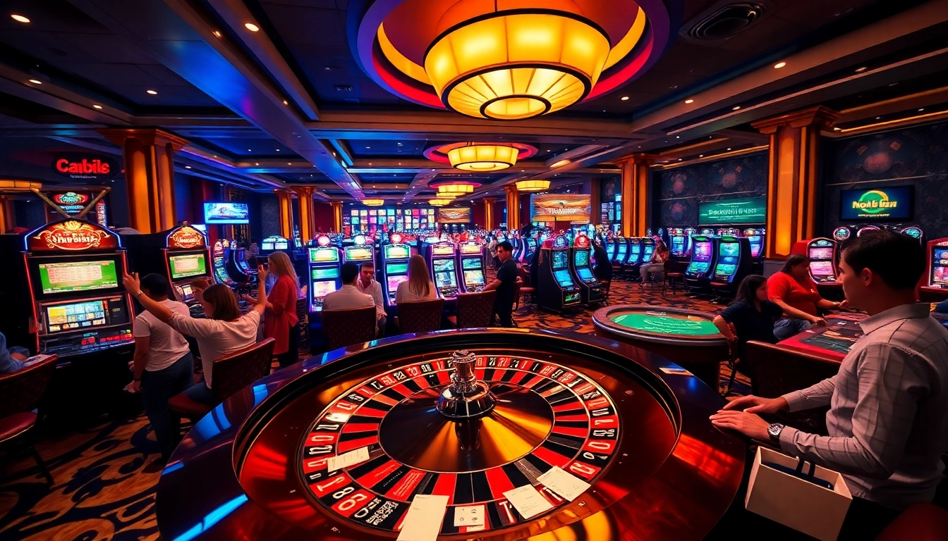 Exciting gambling scene at nohu90 featuring a roulette table and vibrant slot machines.